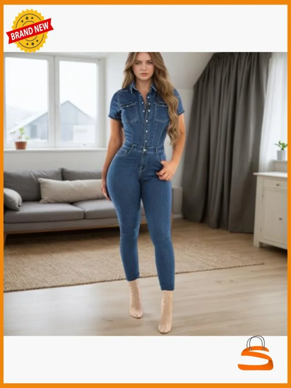 Slim Fit Denim Jumpsuit with Pockets Button Down Long Sleeve Romper